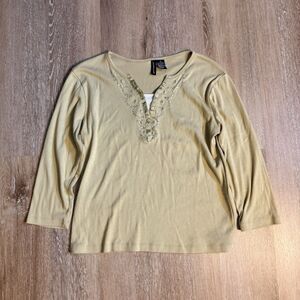 Jason Maxwell Blouse Mint Green Top Size M Long Sleeve Sequin Beaded V-Neck Y2K